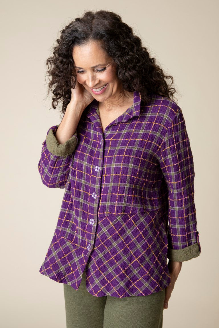 Double Faced Windowpane Pieced Tunic Shirt in Plum by Habitat Clothing