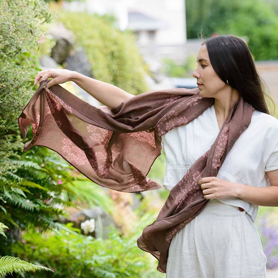 Autumn Breeze Handmade Block Print Terracotta Large Scarf by Ichcha