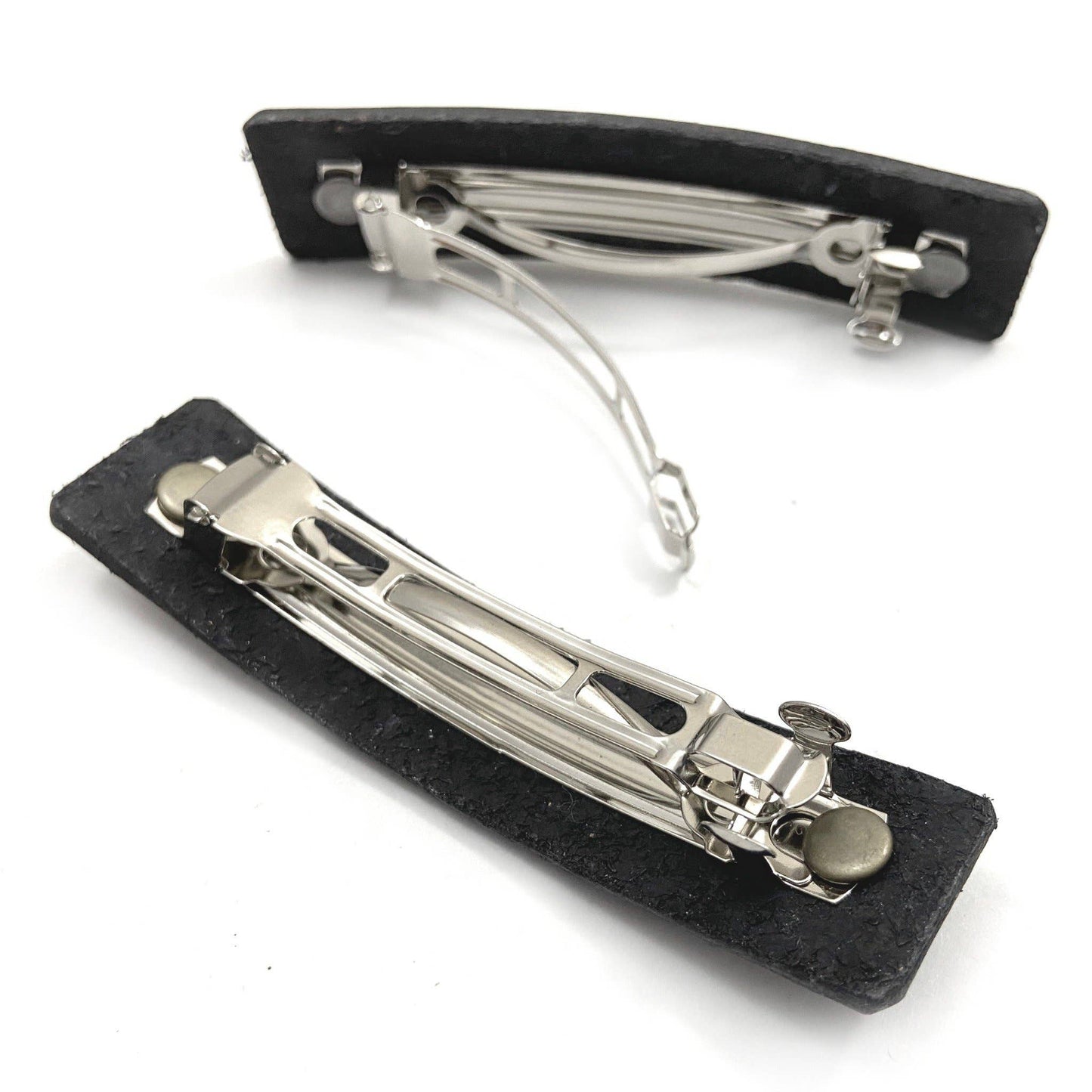 Silver Feather on Black Leather Hair Barrette by PlatypusMax