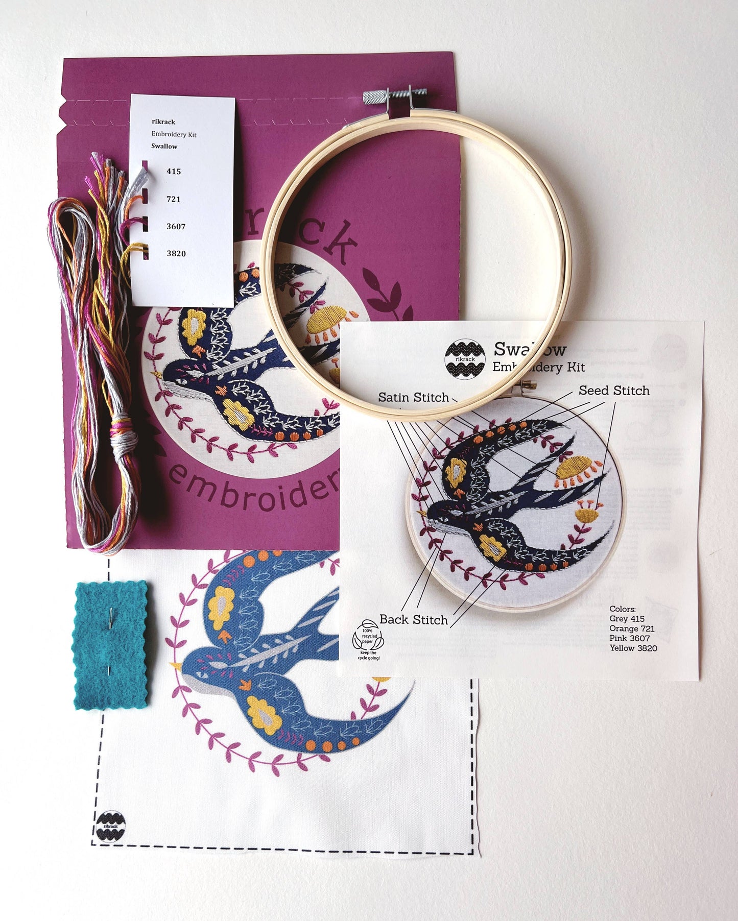 Swallow Embroidery Kit by Rikrack