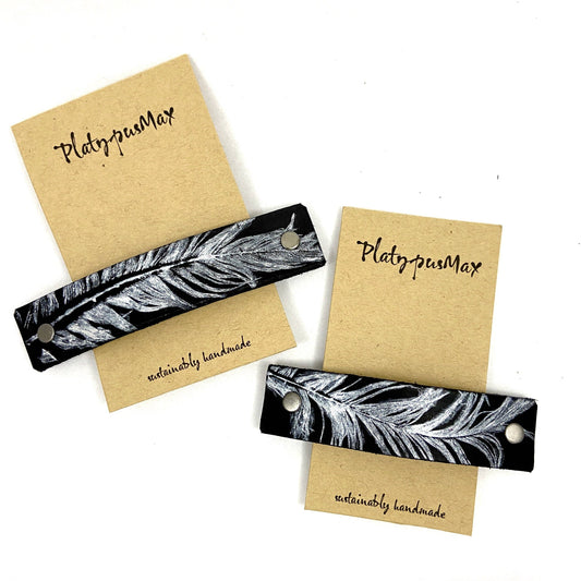 Silver Feather on Black Leather Hair Barrette by PlatypusMax