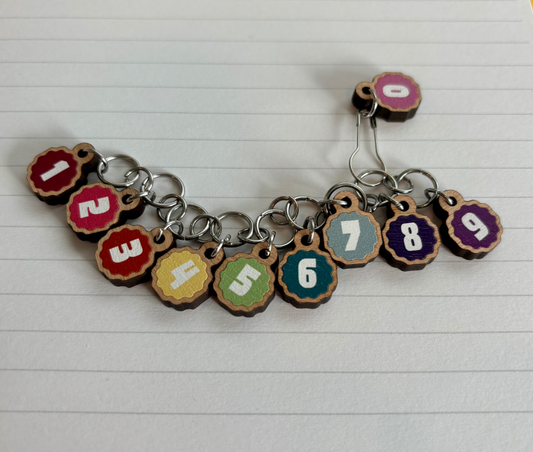 Knitting Stitch Markers with Progress Keeper Wood and Rainbow from Comma Craft Co