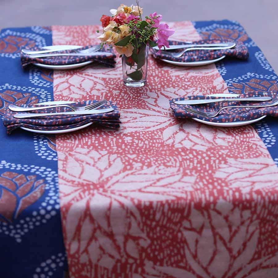 Rosette Pink Block Print Cotton Linens Table Runner by Ichcha