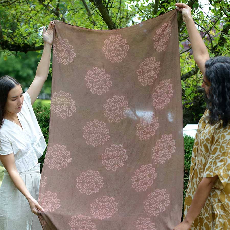 Autumn Breeze Handmade Block Print Terracotta Large Scarf by Ichcha