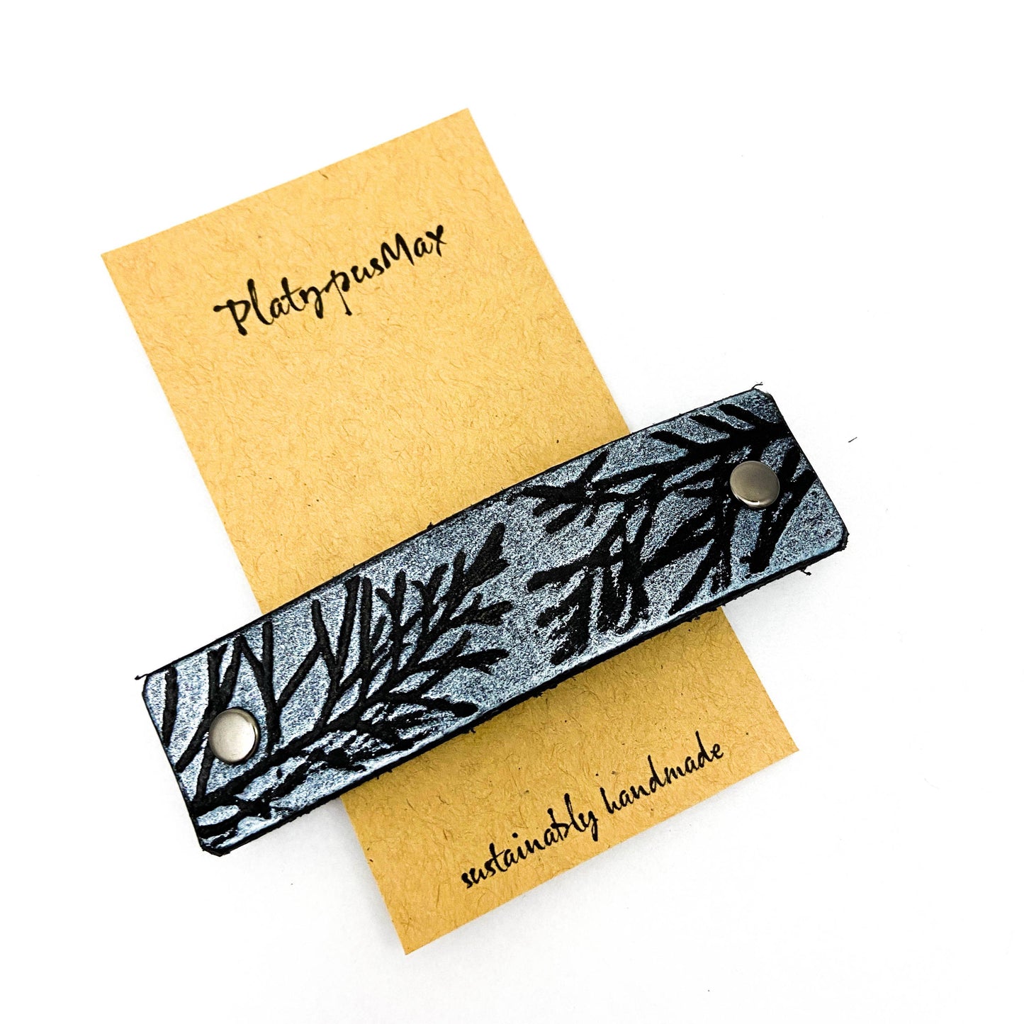Silver & Black Juniper Branches Leather Hair Clip by PlatypusMax