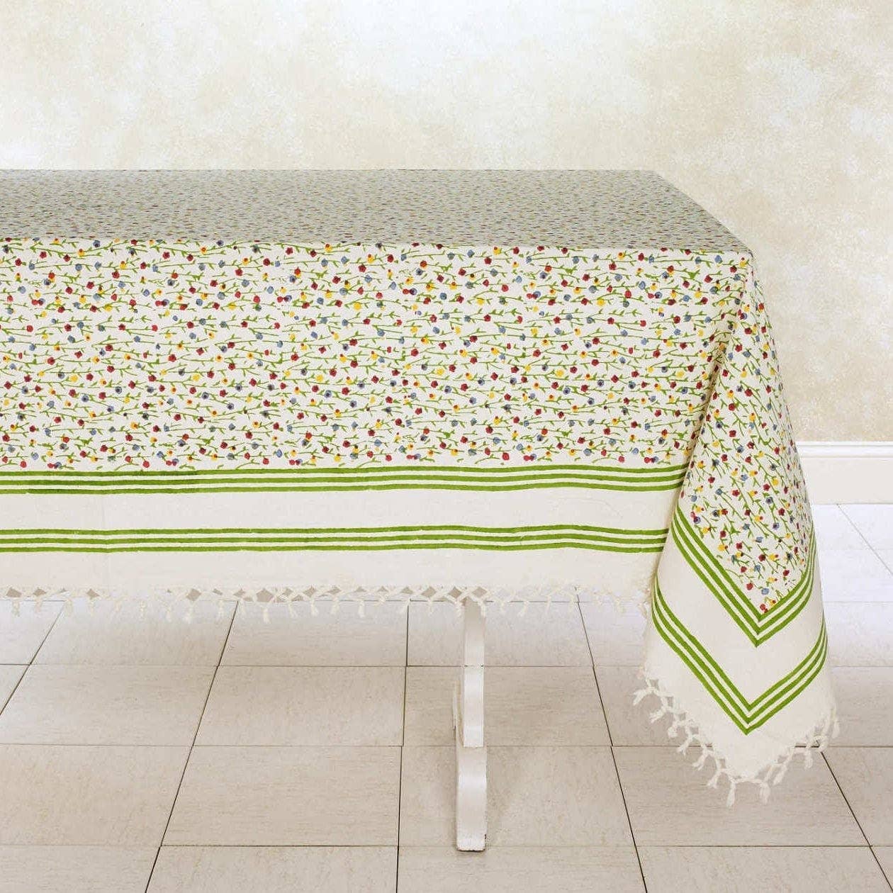 FIESTA w/Tassels Hand Block Printed Cotton Tablecloth from Sustainable Threads