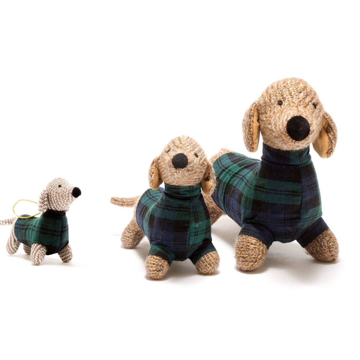 Knitted Sausage Dog Baby Rattle with Tartan Jumper by Best Years
