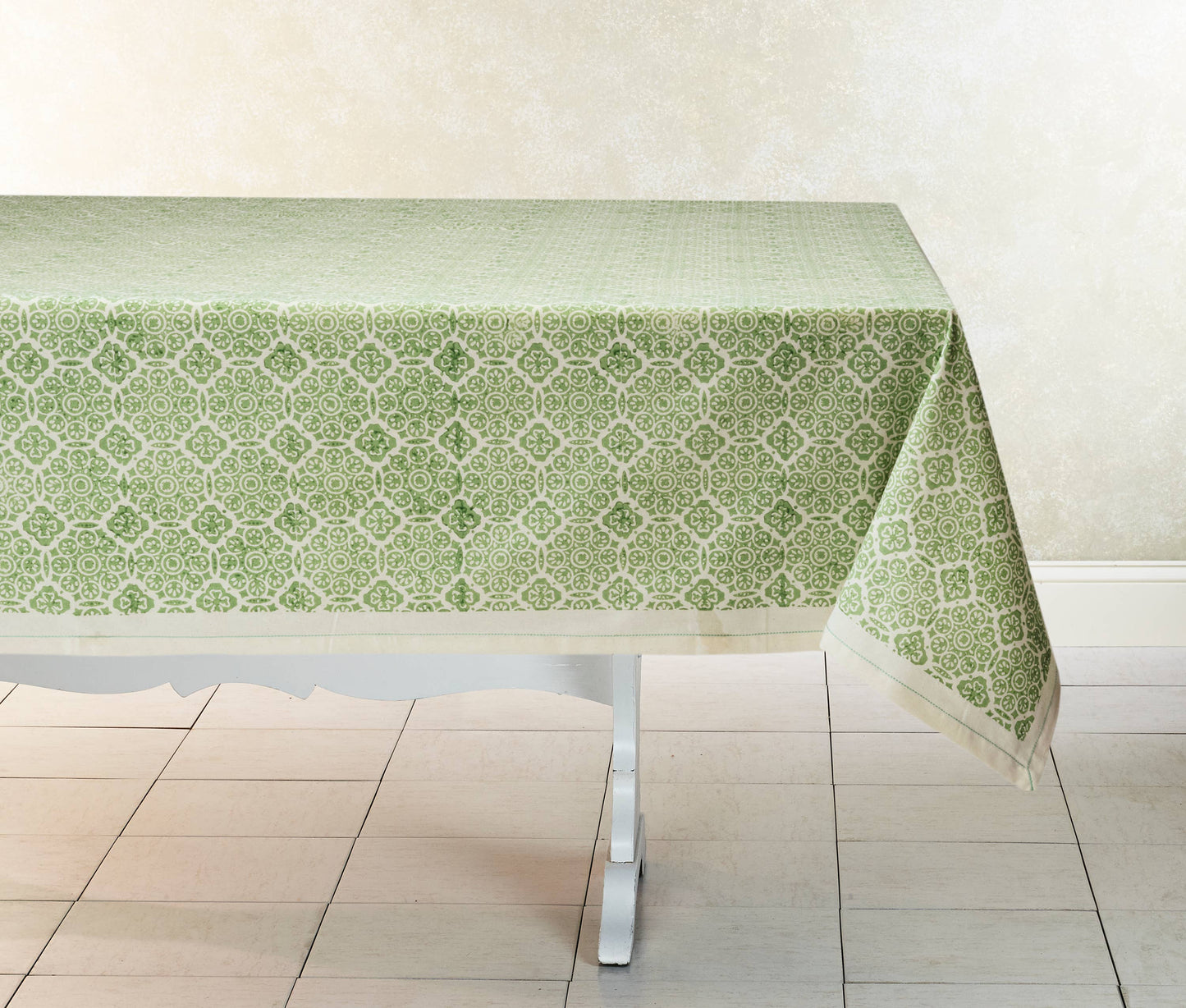 MOSAIC SAGE Hand Block Printed Cotton Tablecloth from Sustainable Threads