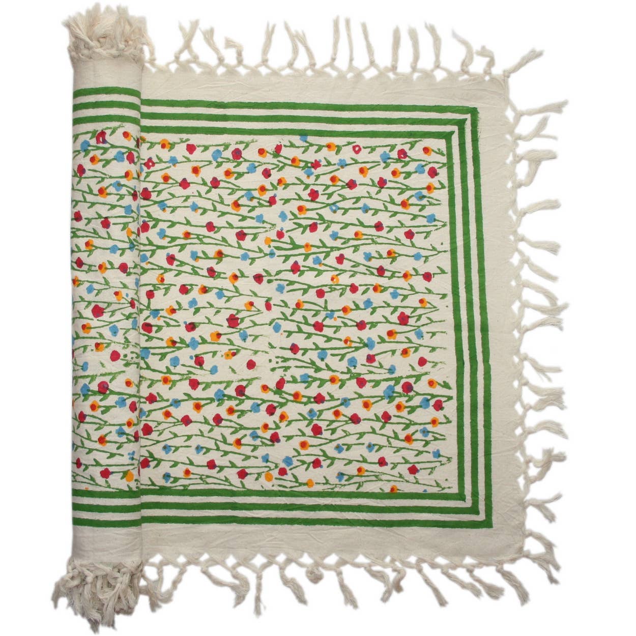 FIESTA w/Tassels Hand Block Printed Cotton Tablecloth from Sustainable Threads