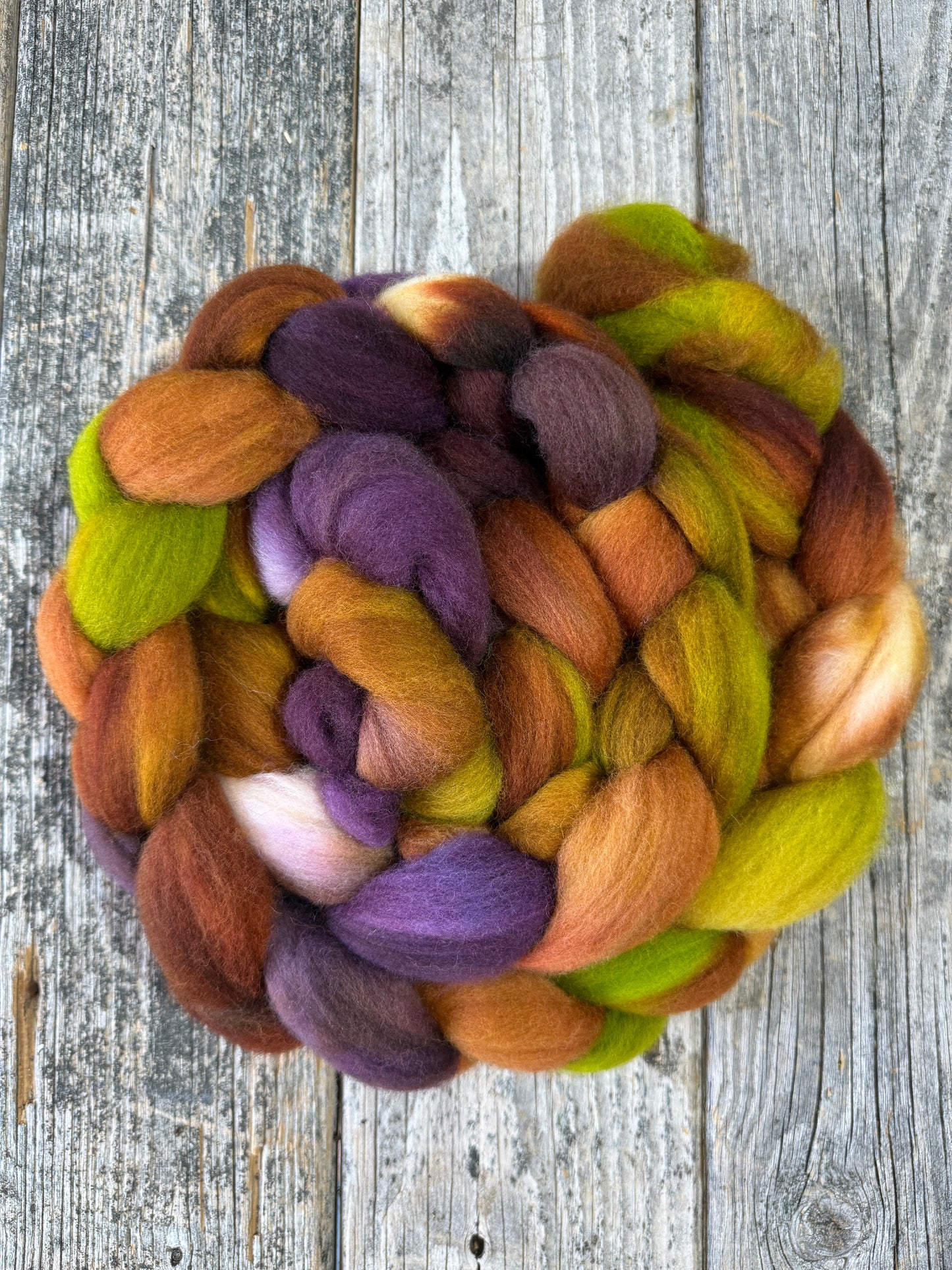Hand Dyed Corriedale Top Fiber Braid 7.4oz “Autumn Breeze”