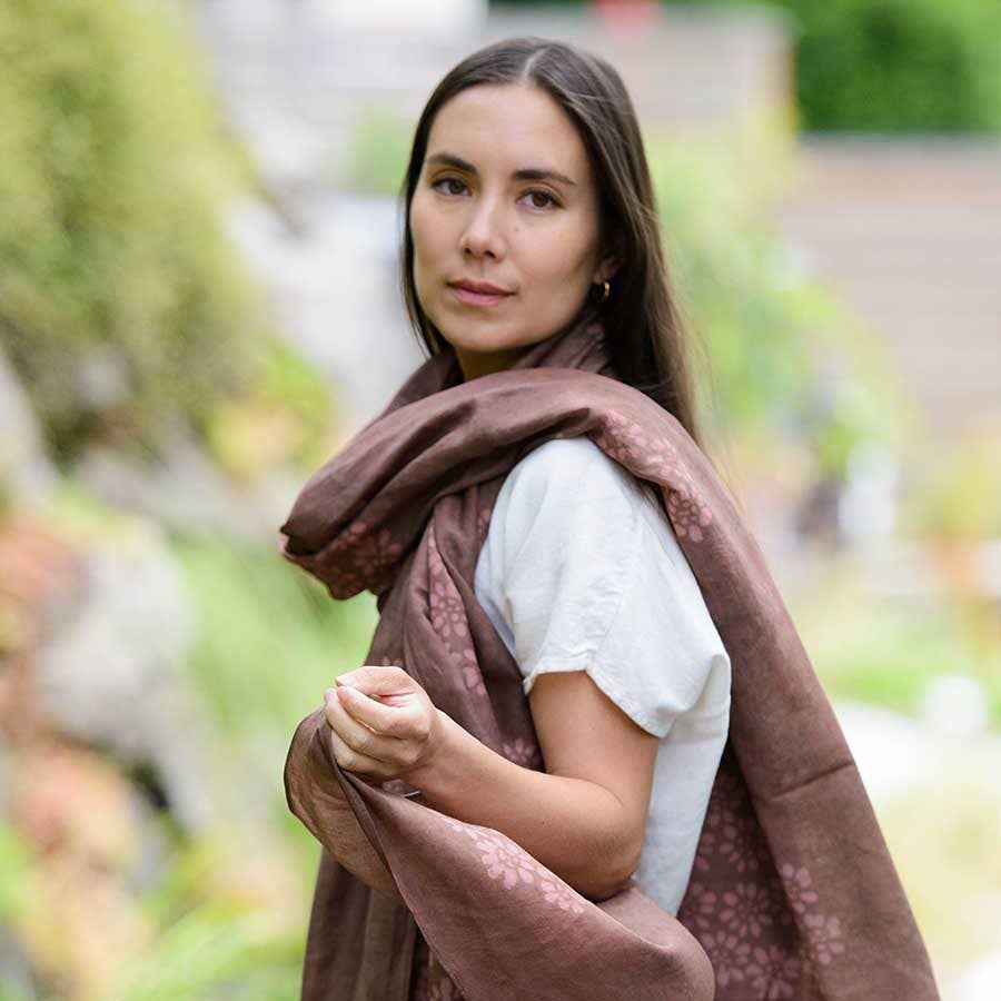 Autumn Breeze Handmade Block Print Terracotta Large Scarf by Ichcha