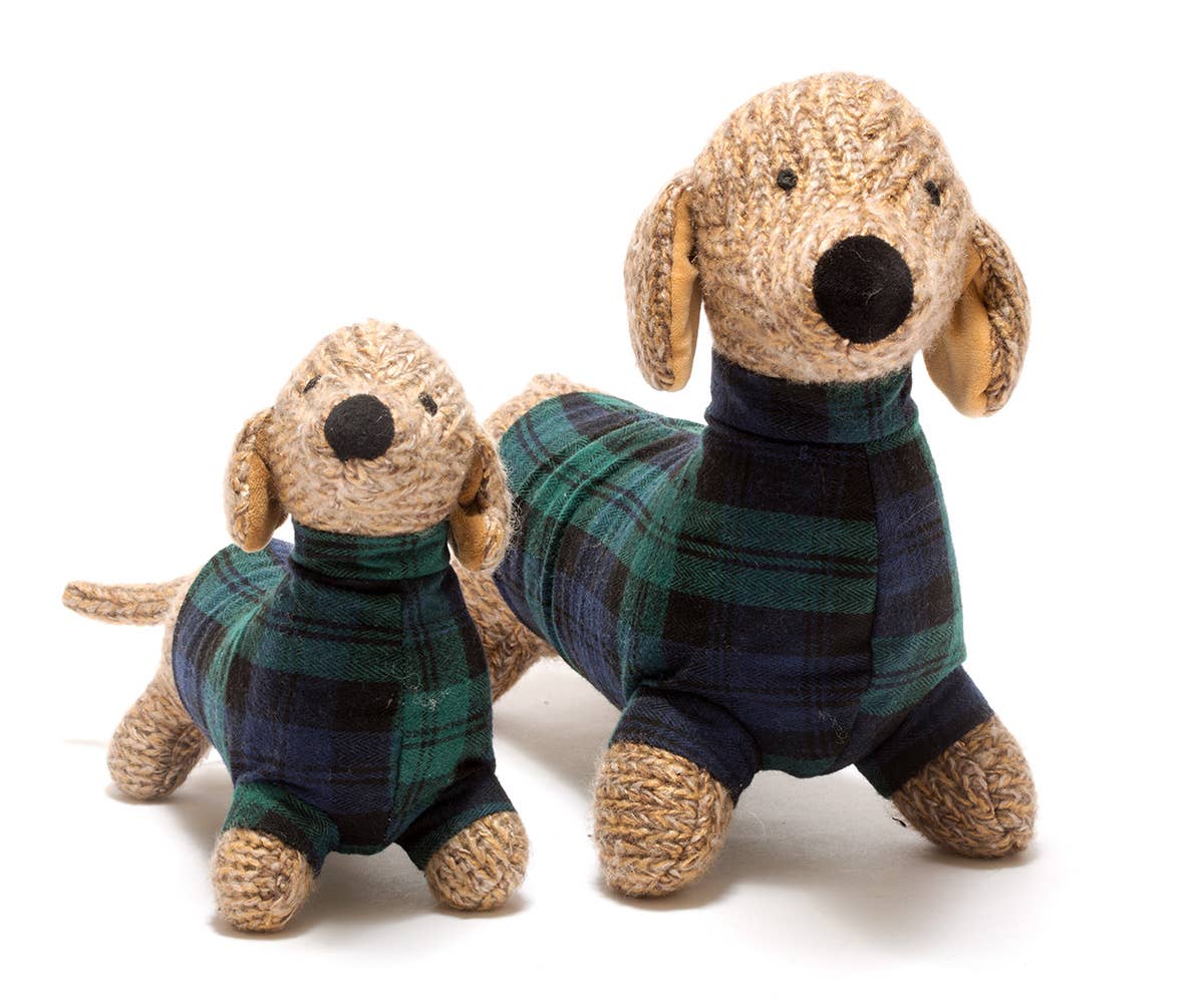 Knitted Sausage Dog Baby Rattle with Tartan Jumper by Best Years