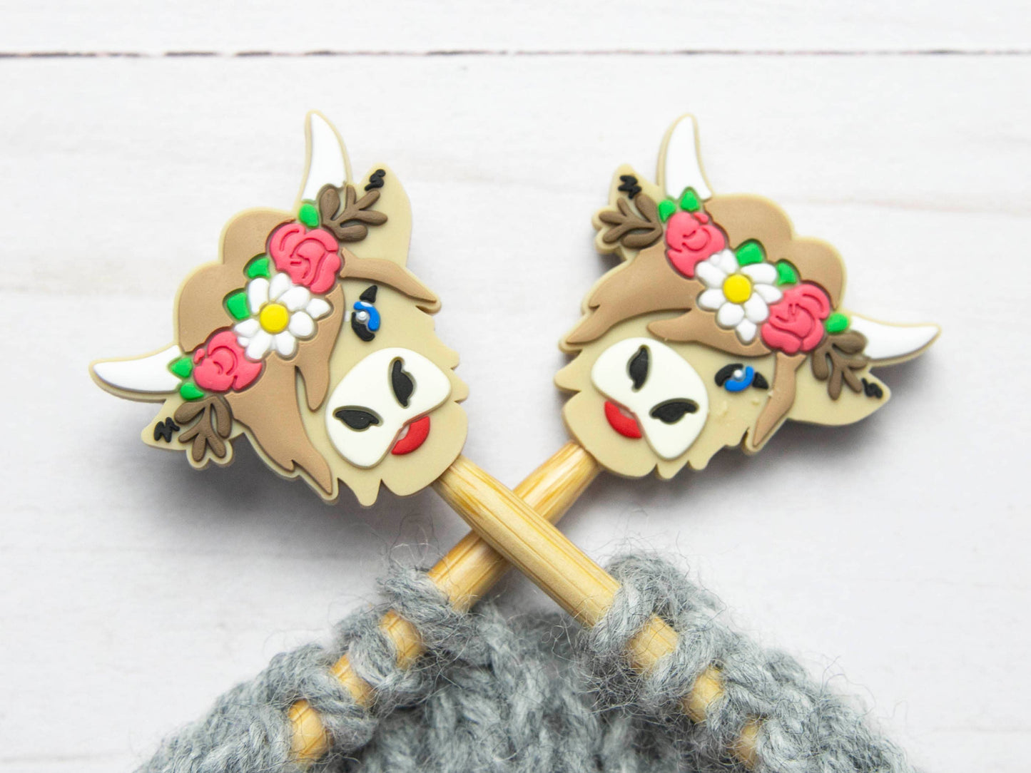Flower Highland Cow Stitch Stoppers from Fox & Pine Stitches.