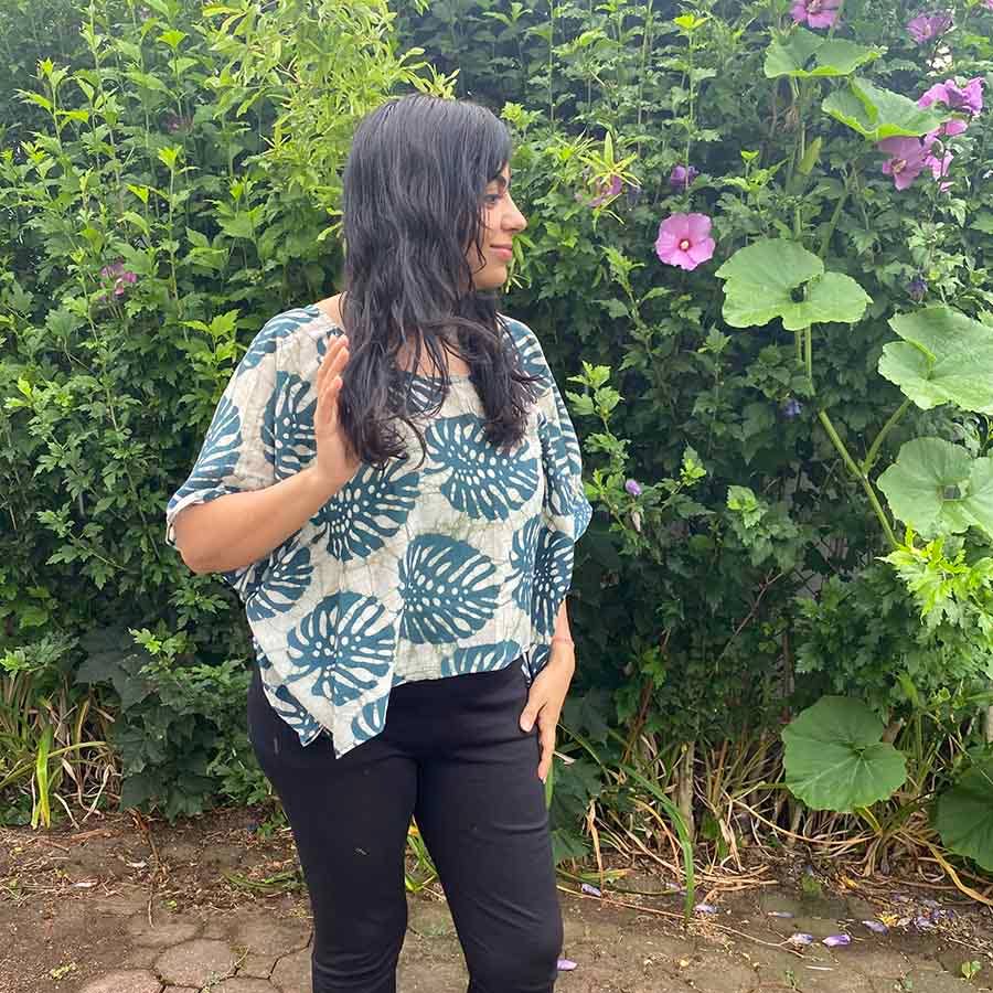 Patta Block Print Tropical Monstera Plant Dye Women Crop Top by Ichcha