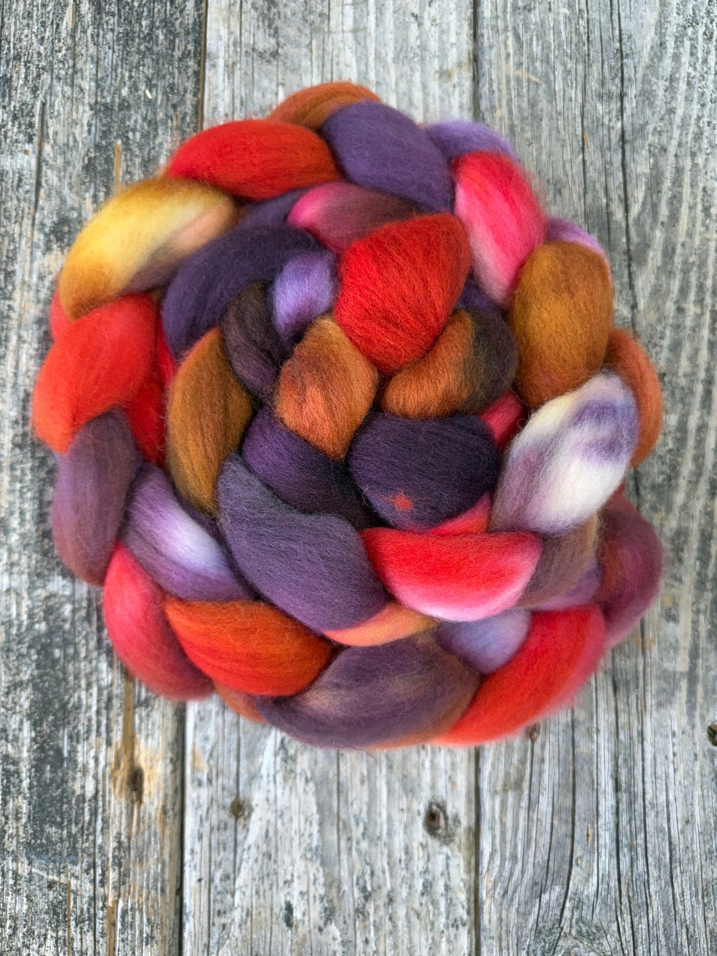Hand Dyed Corriedale Top Fiber Braid 6.8oz “Burnished”
