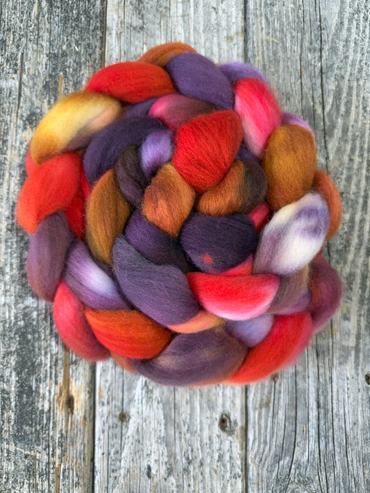 Hand Dyed Corriedale Top Fiber Braid 6.8oz “Burnished”