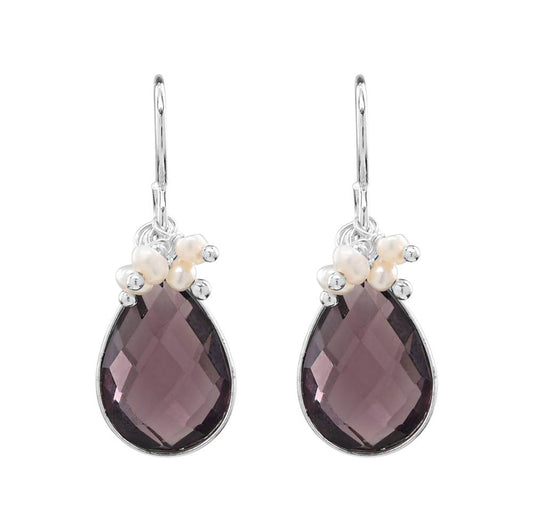 Amethyst Quartz and Pearl Clusters Teardrop Sterling Silver Earrings by Sonoma Art Works