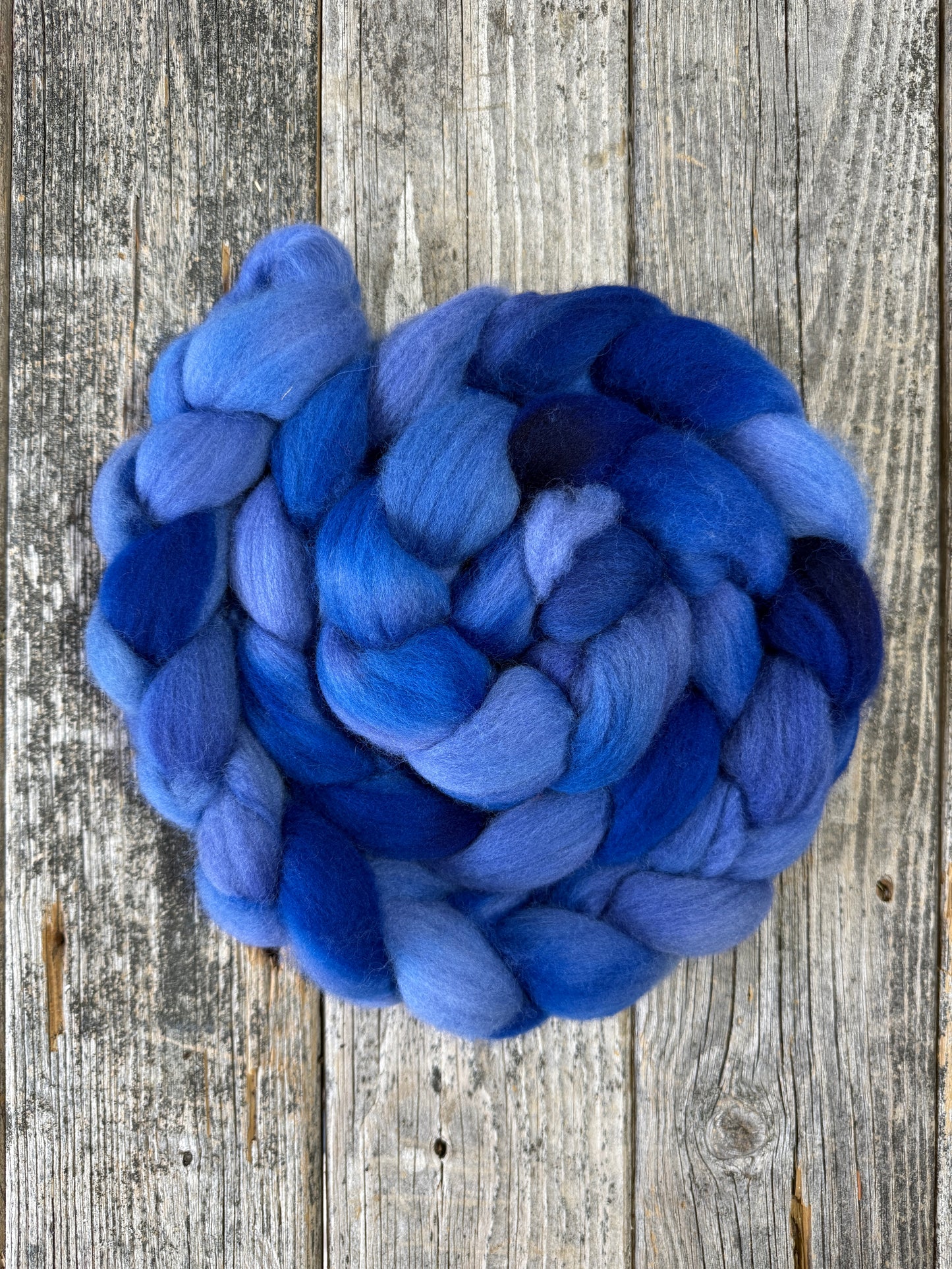 Hand Dyed Corriedale Top Fiber Braid 8.7oz “Quoddy Nights”