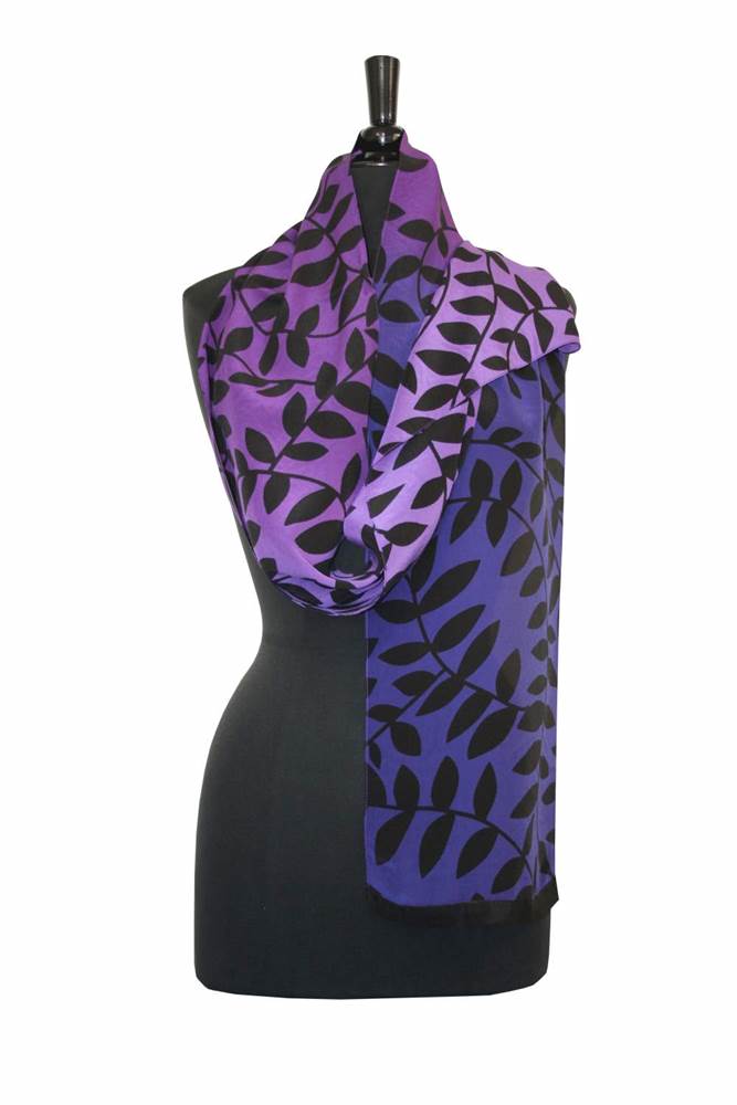 Ombre Leaf scarf in Purple/Violet From Painted Silks by Kavita
