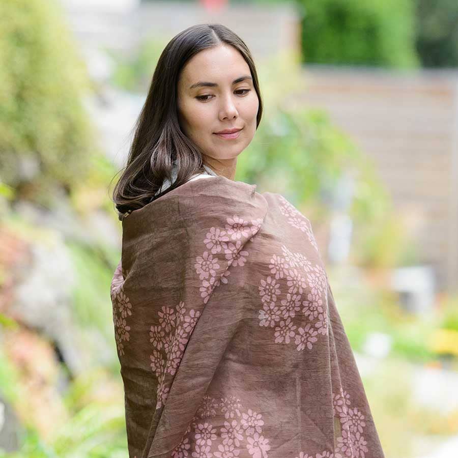 Autumn Breeze Handmade Block Print Terracotta Large Scarf by Ichcha