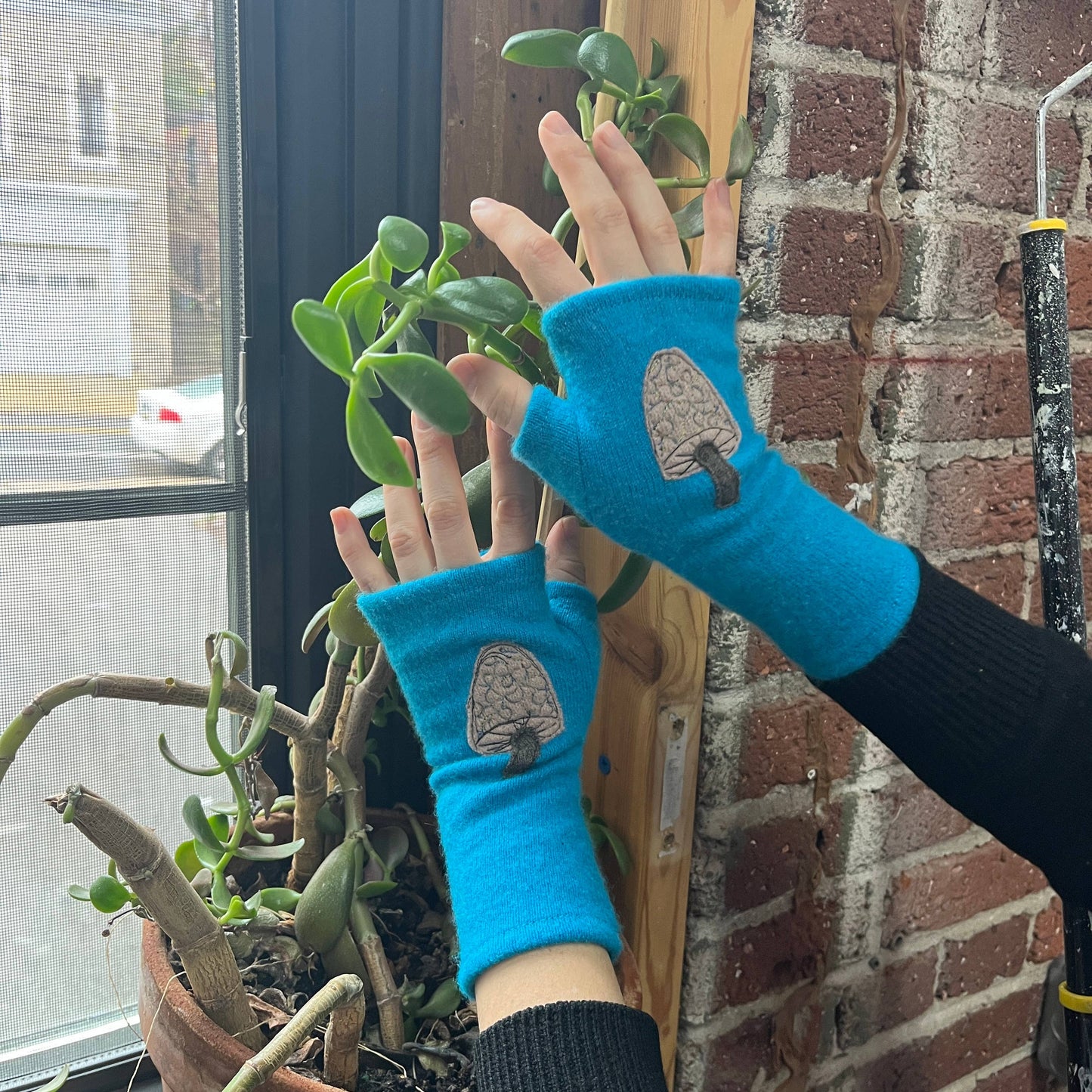 Beige Mushroom on Teal - Fingerless Cashmere Gloves from Sardine Clothing Co.