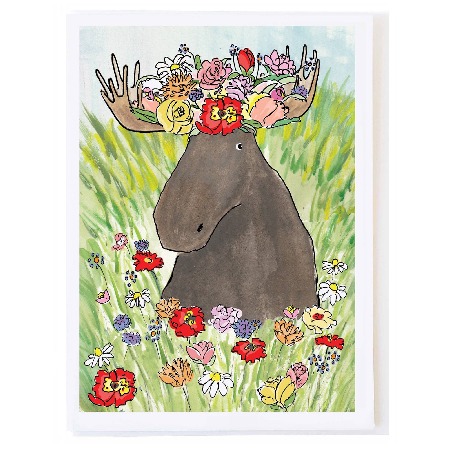 Moose with Flower Crown - Greeting Card (Blank Inside) by Molly O