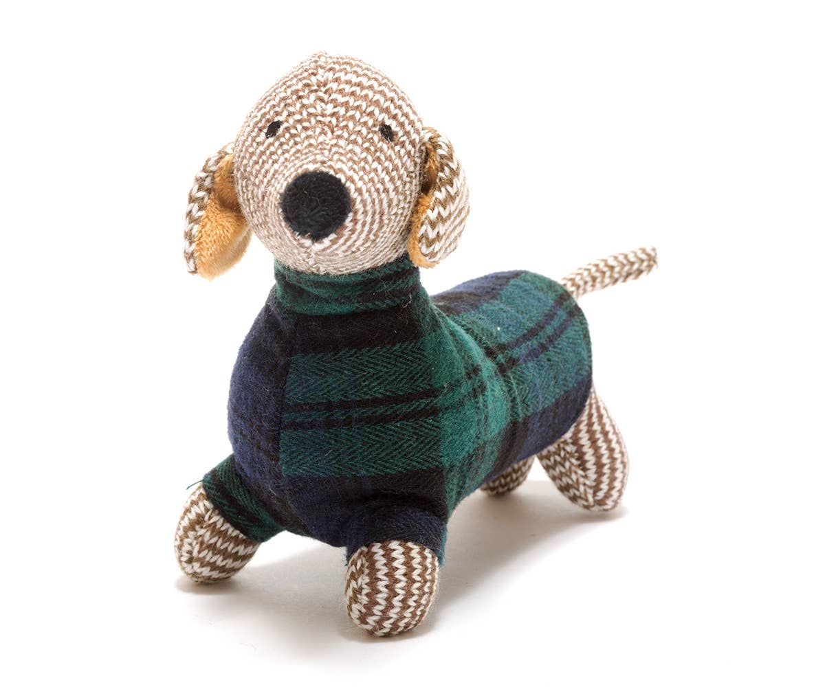 Knitted Sausage Dog Baby Rattle with Tartan Jumper by Best Years