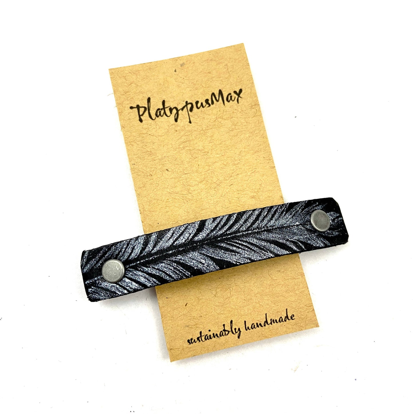 Silver Feather on Black Leather Hair Barrette by PlatypusMax