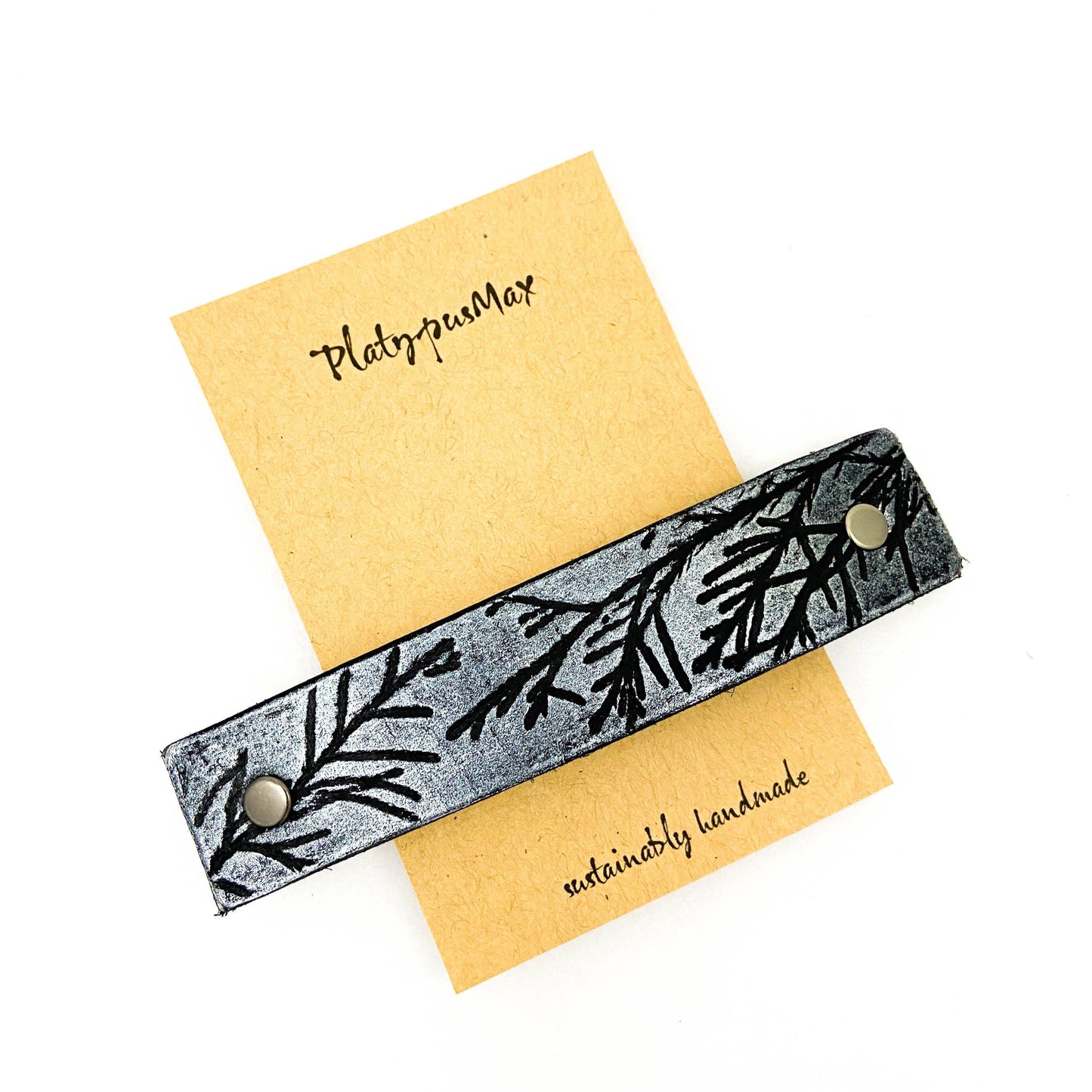 Silver & Black Juniper Branches Leather Hair Clip by PlatypusMax