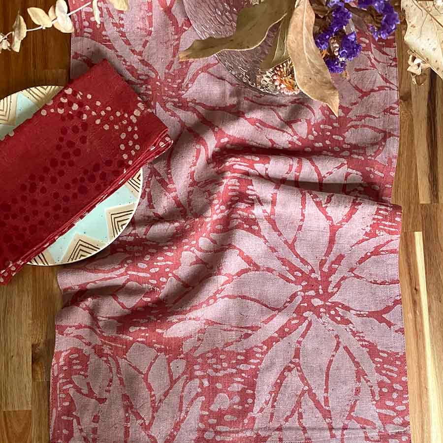 Rosette Pink Block Print Cotton Linens Table Runner by Ichcha