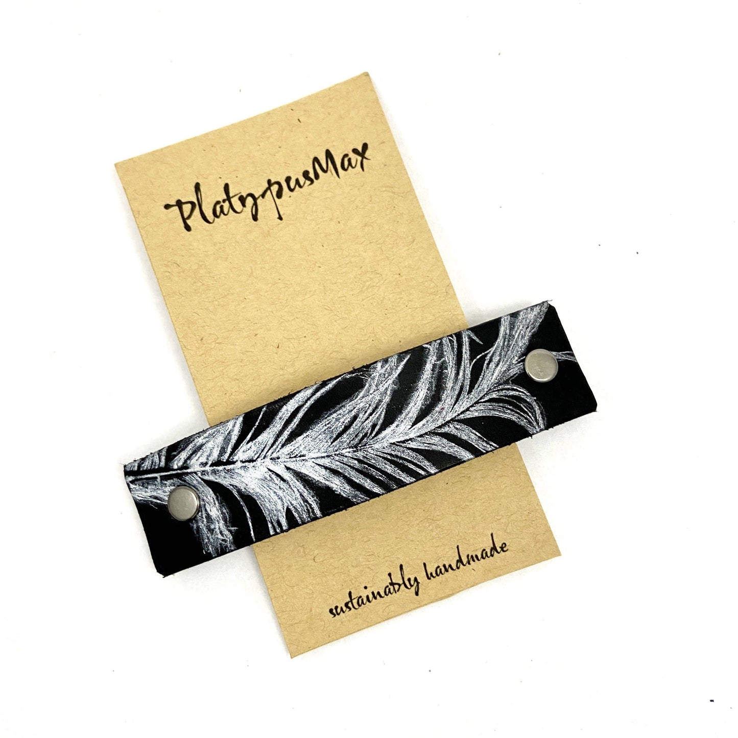 Silver Feather on Black Leather Hair Barrette by PlatypusMax