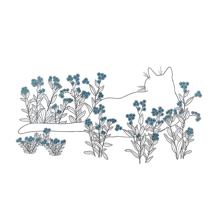Cat and Forget-Me-Nots - Greeting Card by 3 Legged Dog Ink