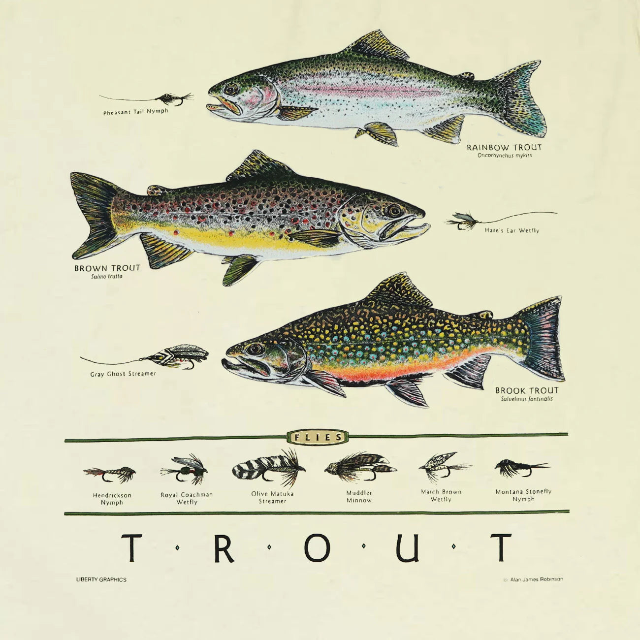 Trout & Flies Long Sleeve Unisex Adult T-Shirt in Natural by Liberty Graphics