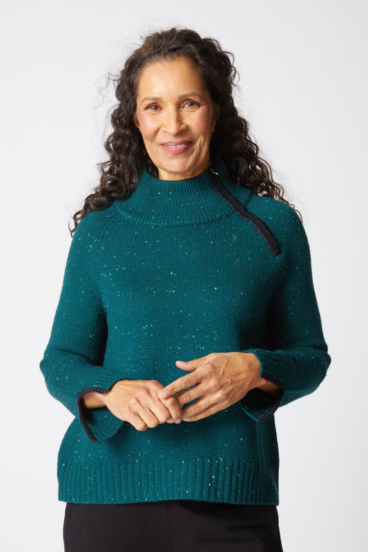 Harvest Tweed Zip Neck Sweater in Juniper by Habitat Clothing