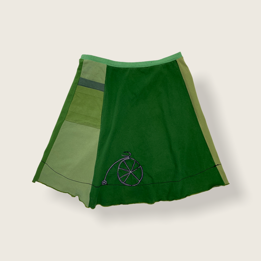 SALE 50% off - Green with Bike - Upcycled One of a Kind Applique Skirt by Sardine Clothing Co