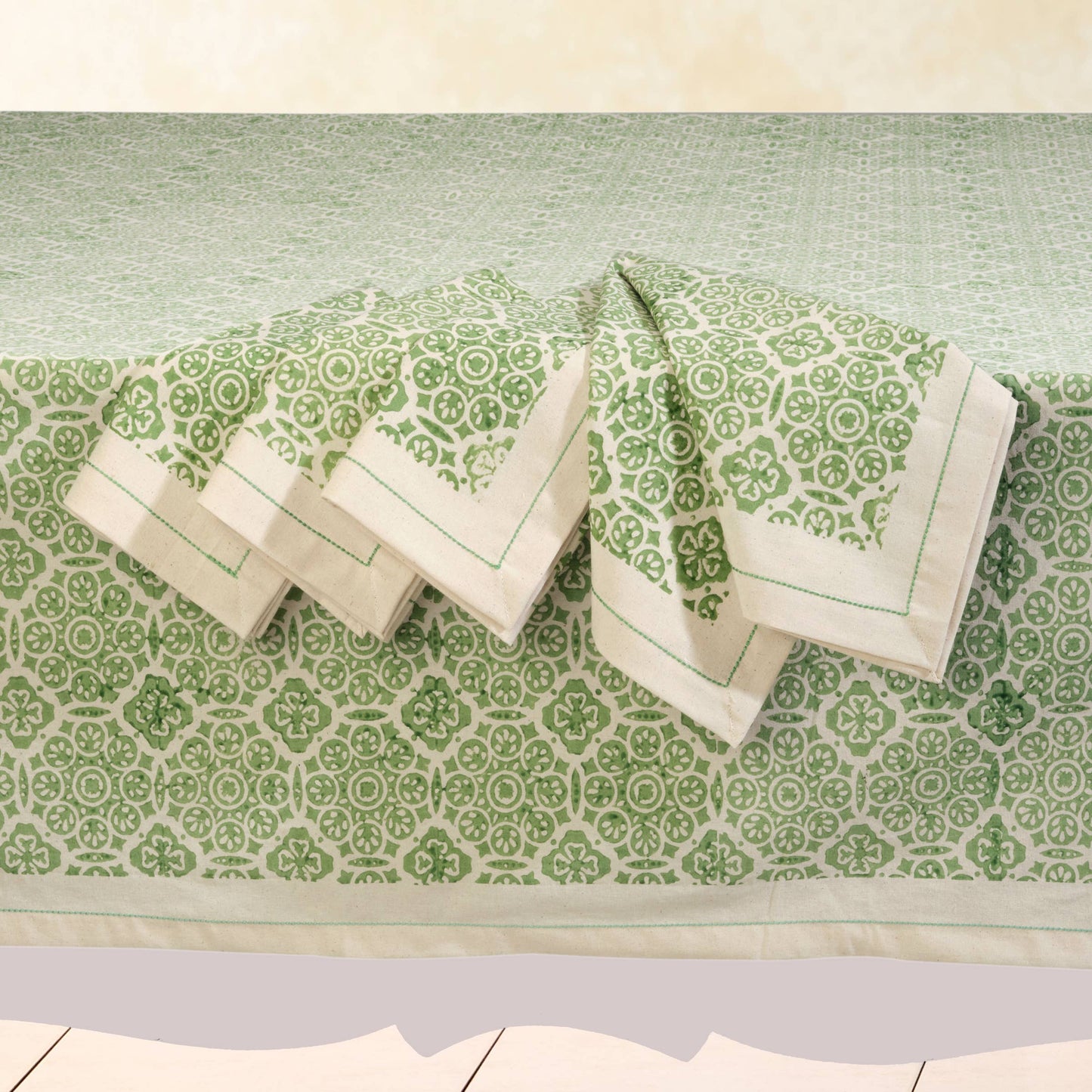 MOSAIC SAGE Hand Block Printed Cotton Tablecloth from Sustainable Threads