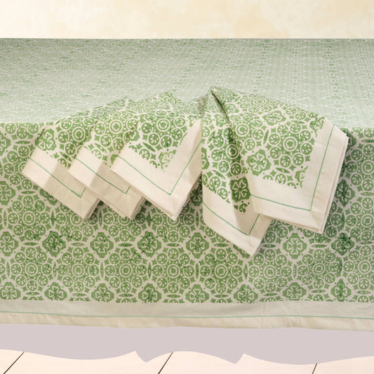 MOSAIC SAGE Hand Block Printed Cotton Tablecloth from Sustainable Threads