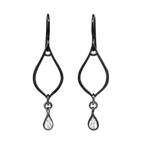 Cubic Zirconia Pear with Lotus Black Sterling Silver Earrings by Sonoma Art Works
