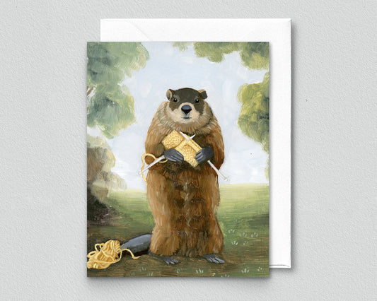 Groundhog Knitting Greeting Card (blank inside) by Kim Ferreira (Joie de Vivre)
