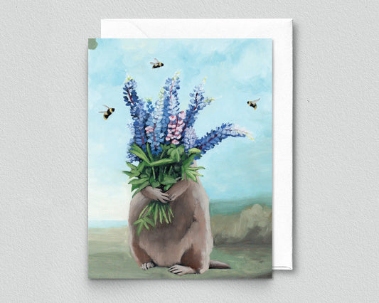Groundhog with Lupine Greeting Card (blank inside) by Kim Ferreira (Joie de Vivre)
