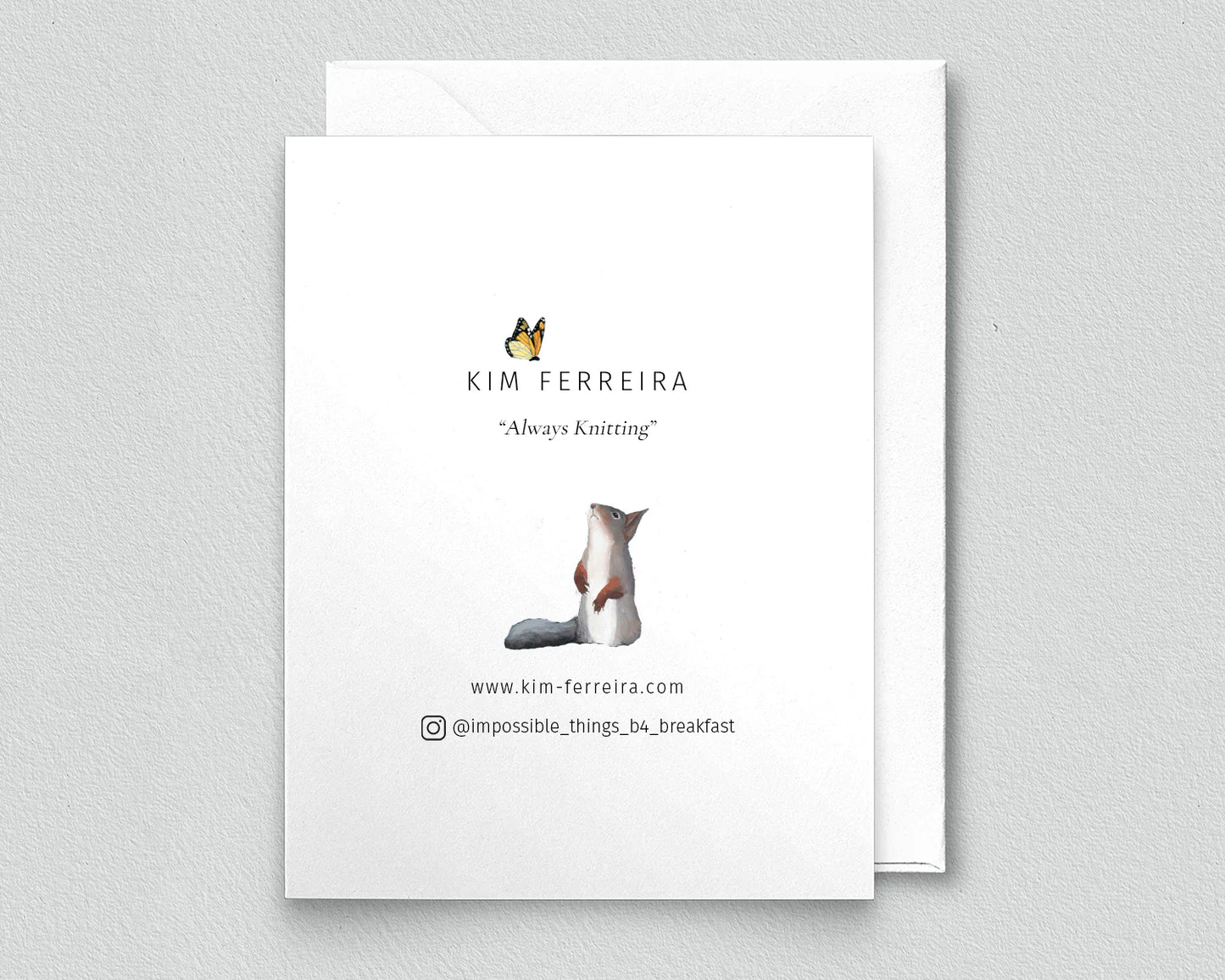Squirrel Knitting Greeting Card (blank inside) by Kim Ferreira (Joie de Vivre)