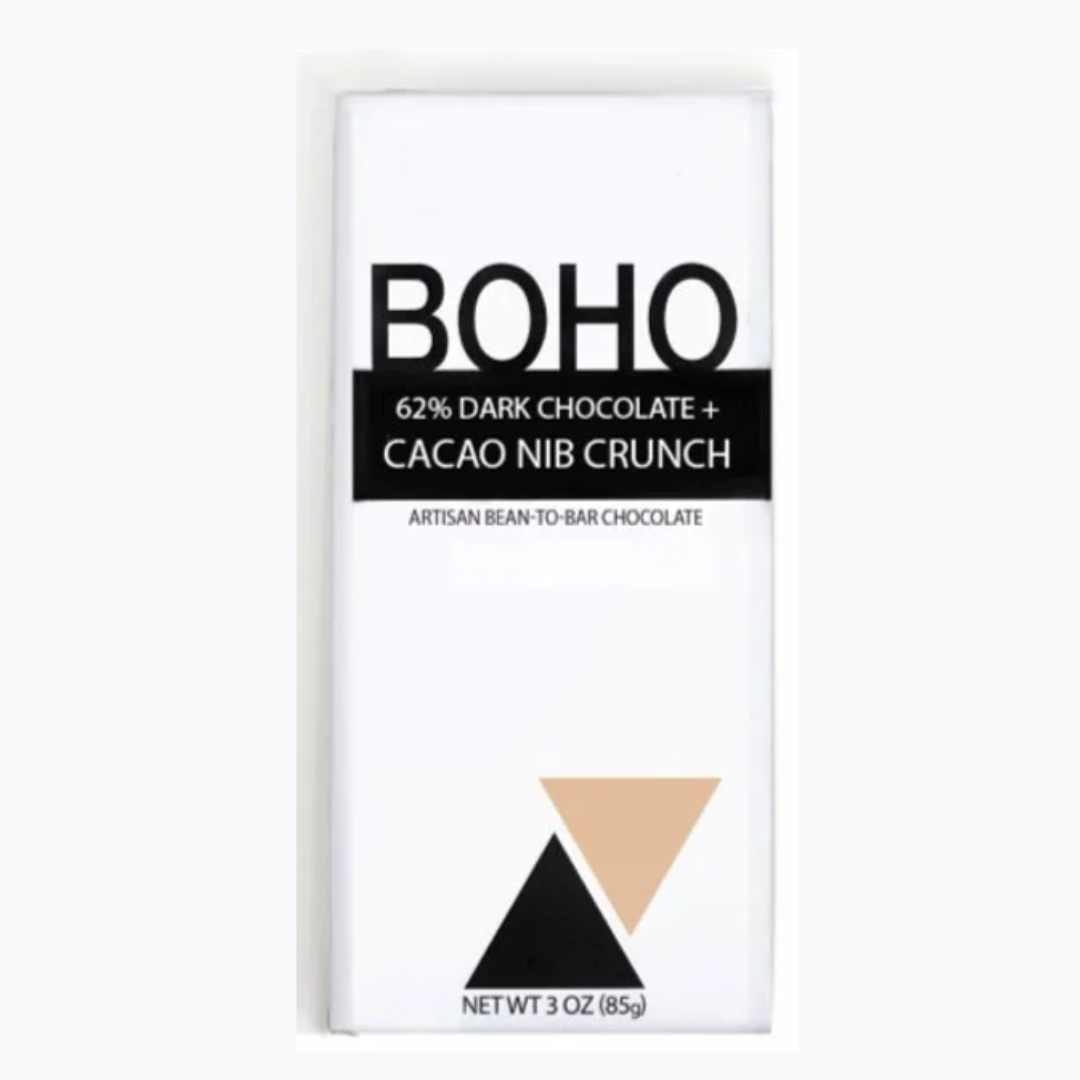 62% Dark Chocolate + Cacao Nibs Bar by BOHO Chocolate