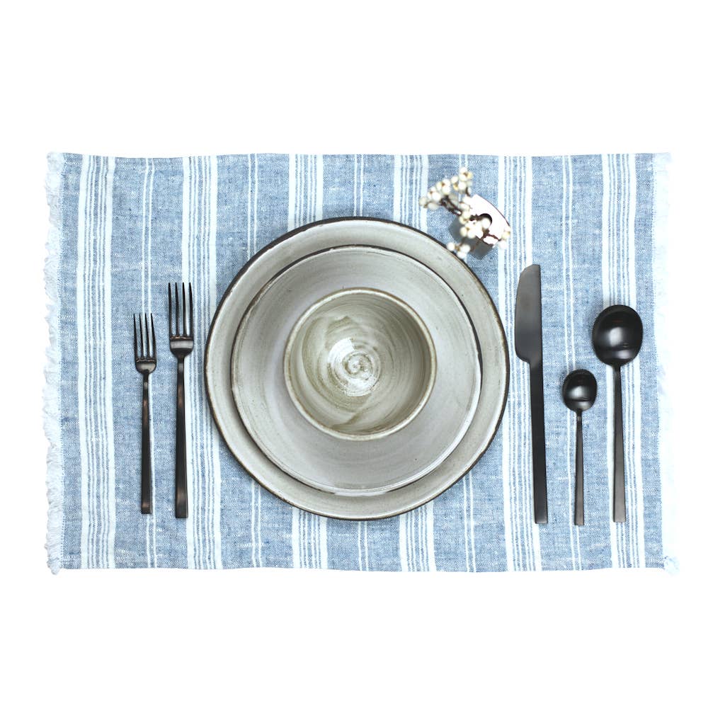 Heather Marine Blue White Stripe - Stonewashed Linen Placemat by LinenCasa