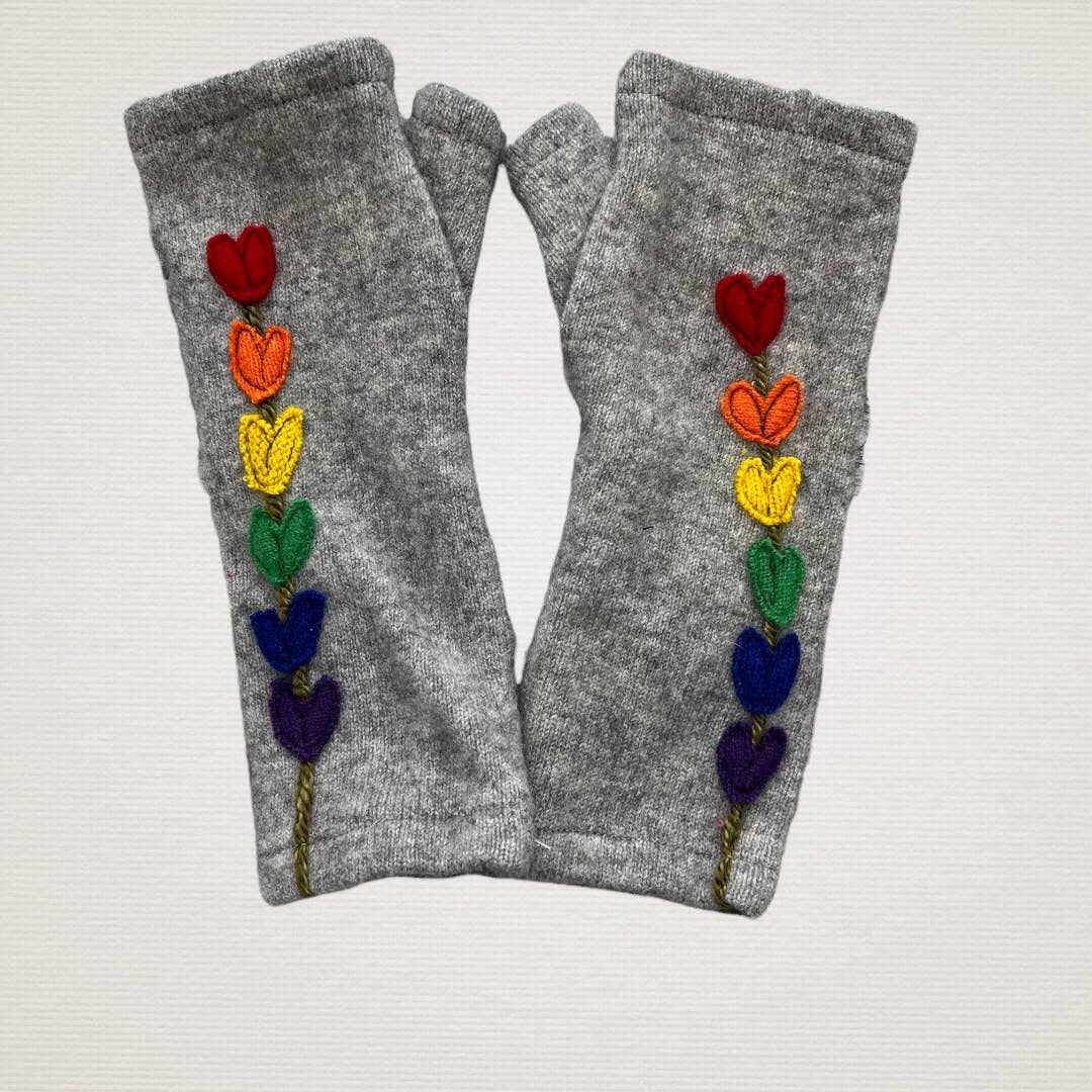 Rainbow Lupine on Grey - Fingerless Cashmere Gloves from Sardine Clothing Co.