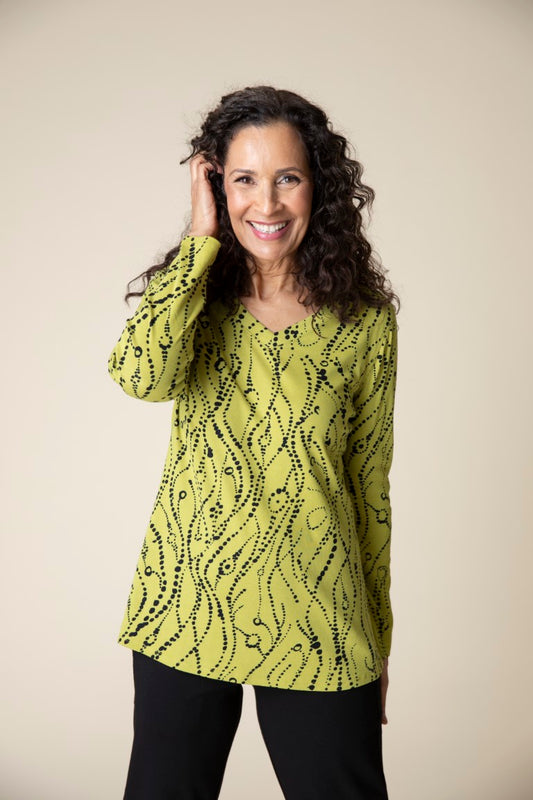 Cozy Rib Wavy Dots V-Neck Tunic in Pear by Habitat Clothing