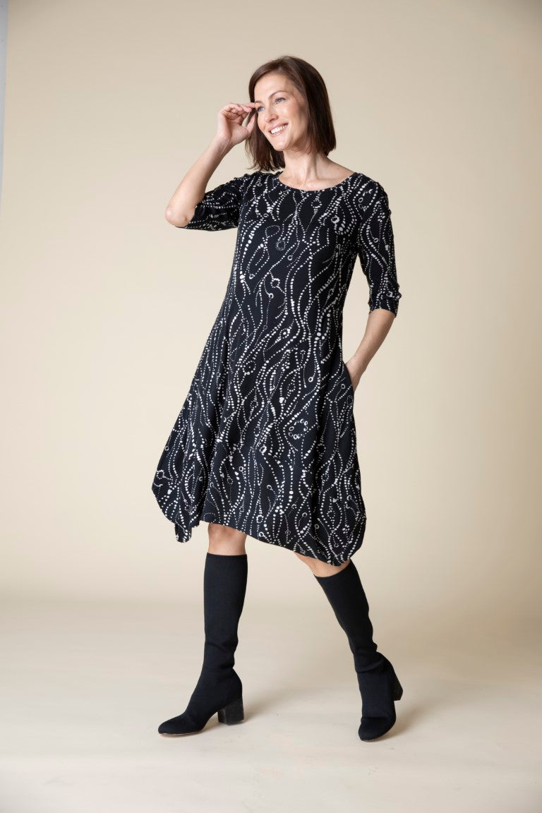 Cozy Rib Wavy Dots Artist Dress in Black by Habitat Clothing