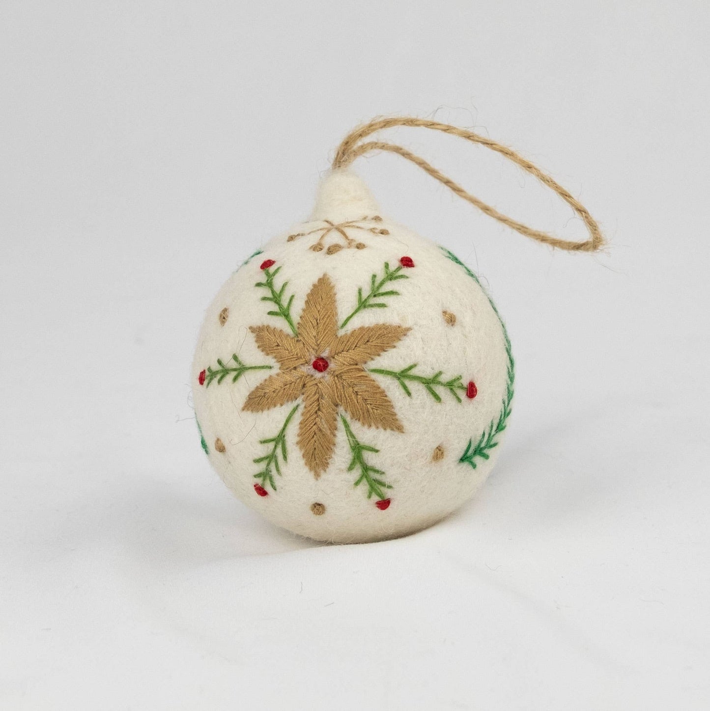 Holiday Felt Ball Ornament Hand Embroidered White Assorted from The Winding Road