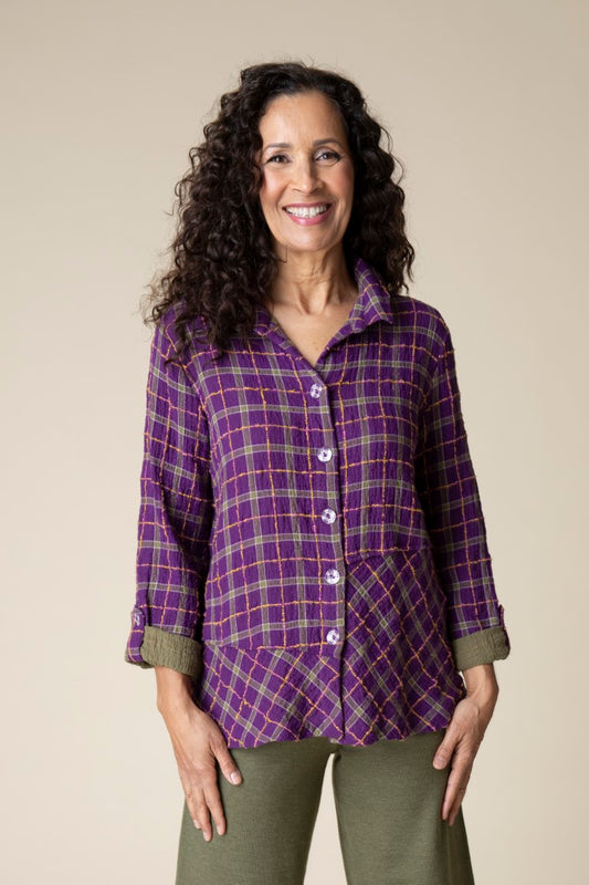 Double Faced Windowpane Pieced Tunic Shirt in Plum by Habitat Clothing