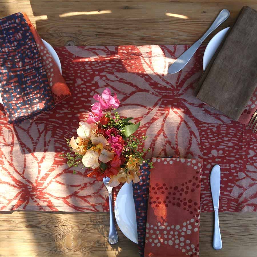 Rosette Pink Block Print Cotton Linens Table Runner by Ichcha