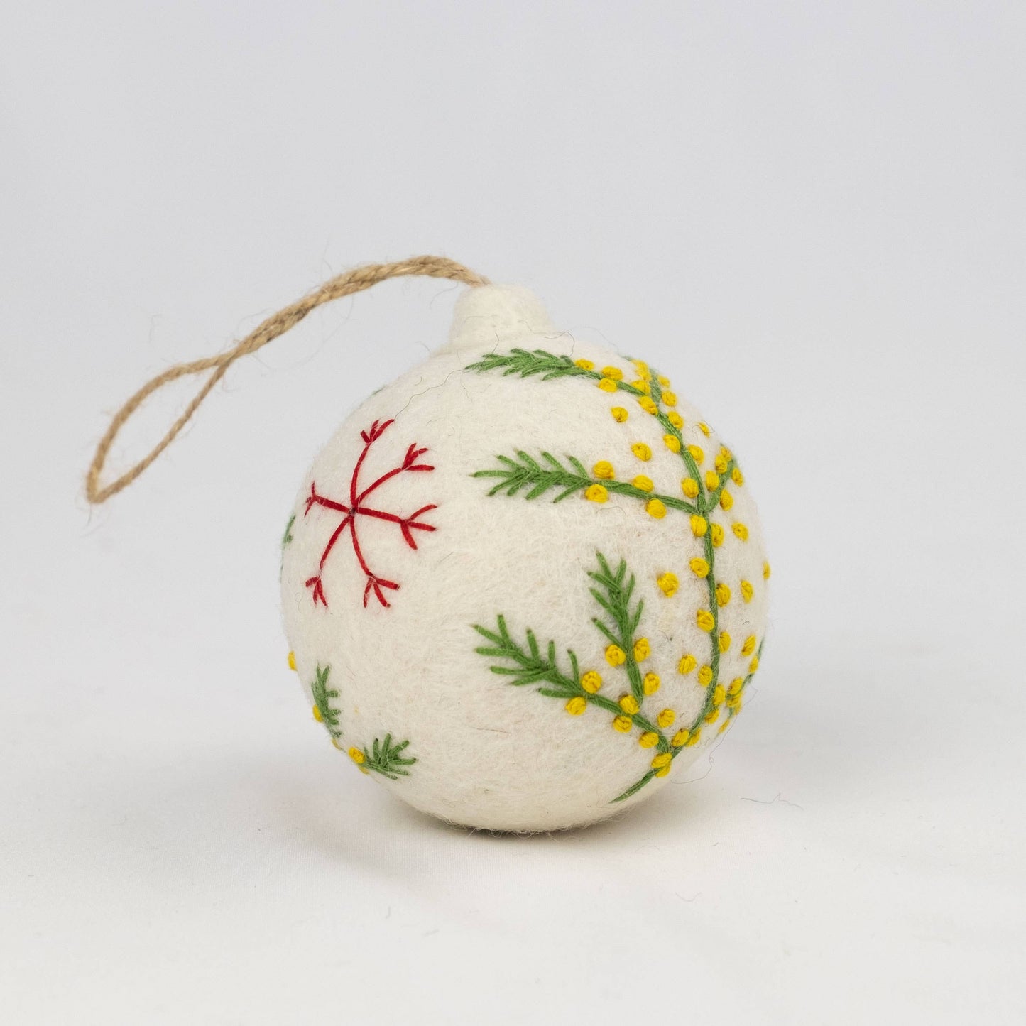 Holiday Felt Ball Ornament Hand Embroidered White Assorted from The Winding Road